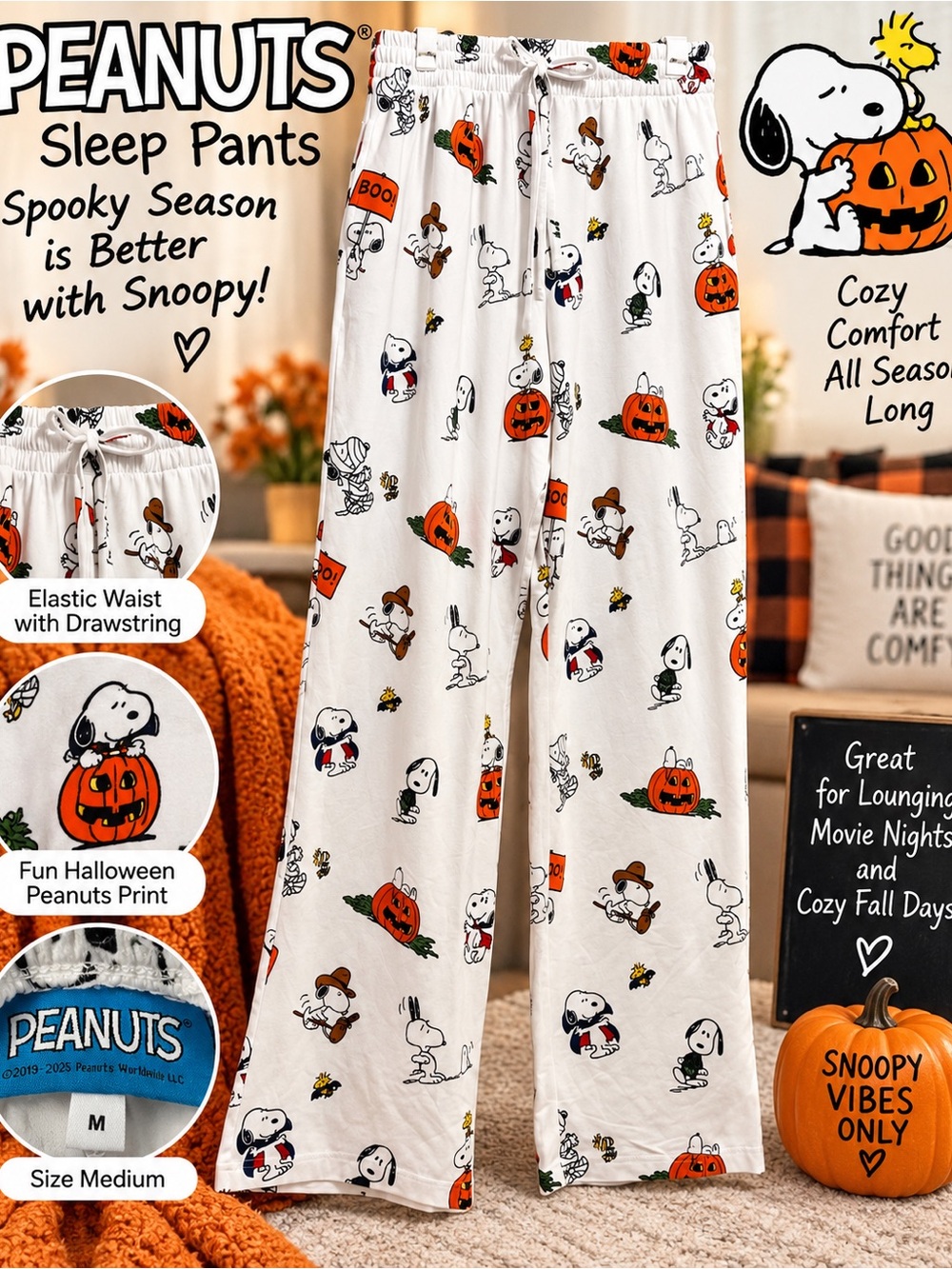 Peanuts White Pajama Pants with Orange & Black Snoopy Halloween Print